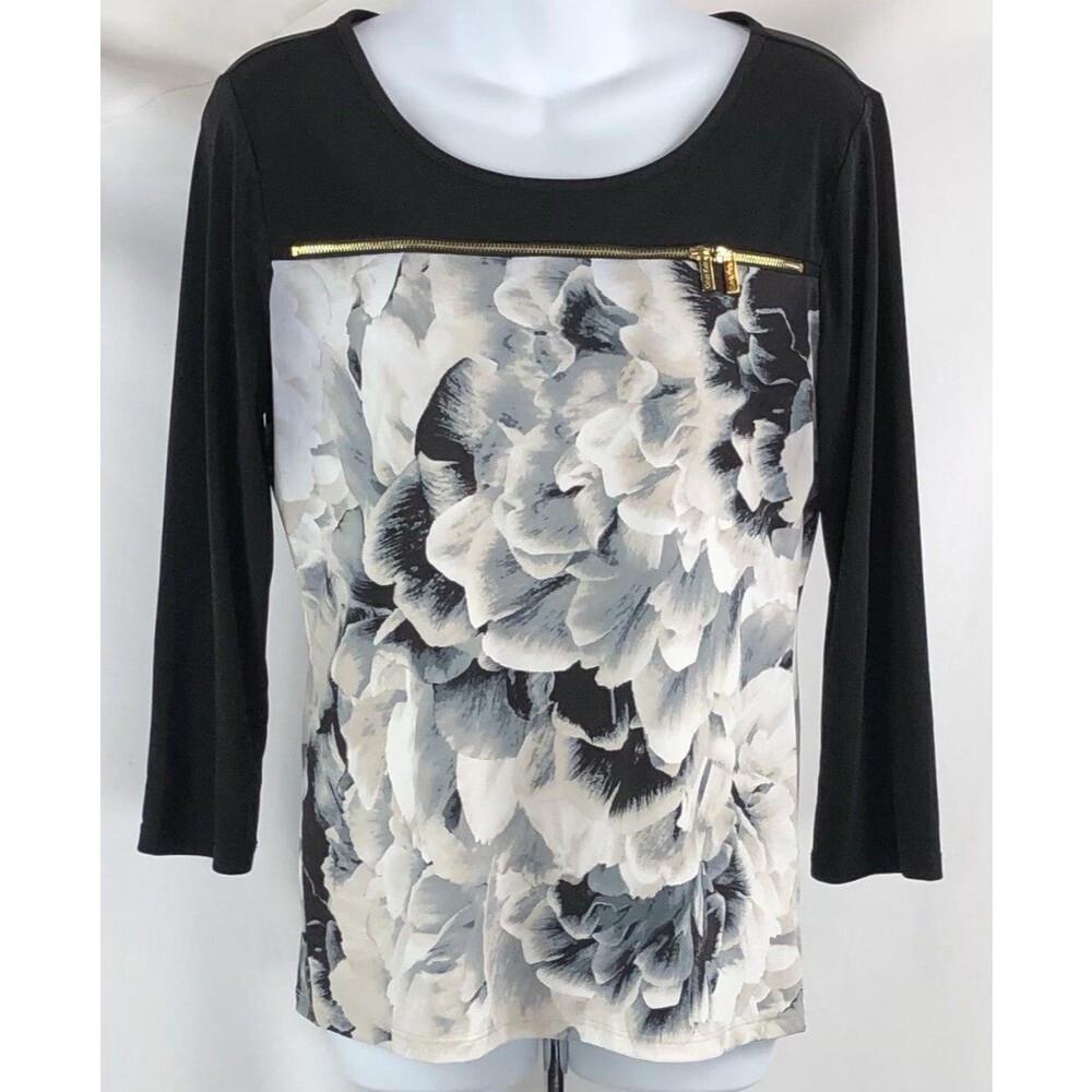 Calvin Klein pull over jersey top M black floral zipper accents 3/4 sleeve Comfy